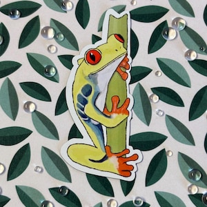 May include: A green and yellow frog with red eyes is climbing a green branch. The frog has blue and white markings on its body. The frog is on a white background with a green leaf pattern.