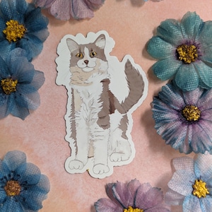 Arya the Cat Matte Sticker - Water Resistant Vinyl sticker - White and Gray Cat- Cat Lover - Animal Lover - Fluffy Kitty