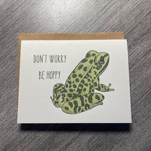 Tarjeta de felicitación con forma de rana divertida y sobre artesanal, Don&#39;t Worry Be Hoppy, tamaño A2, 4,25 x 5,5 pulgadas - anfibio, rana leopardo