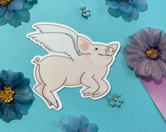 Flying Pig Vinyl Sticker  -  Whimsical Water Resistant Sticker - Laptop Decal - water bottle sticker - Cute Animal Sticker - Pink Pig