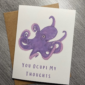 You Ocupi My Thoughts-wenskaart met ambachtelijke papieren envelop - A2-formaat, notitiekaart octopus - paarse octupus, zeeleven, Thinking of You