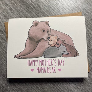 Feliz Día de la Madre Mamá Oso Tarjeta de Felicitación en Blanco con Sobre de Papel Artesanal - Tamaño A2 - Mamá Oso con Cachorros, Para mamá, abuela, esposa