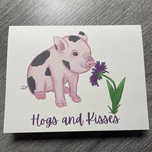 Tarjeta de felicitación en blanco de cerdos y besos: linda tarjeta de cerdito, lechón, bebé animal de granja: tarjeta con un juego de palabras
