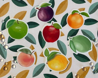 Orchard Fruit Vinyl Sticker Collection, Waterproof, Translucent Vinyl sticker paper - Plum, Lemon, Lime, Red and Green Apple, Peach, Orange