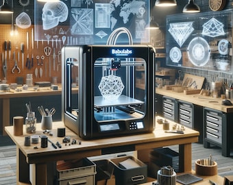 May include: A black 3D printer, branded "Babulabs", dominates a workshop setting. It's in operation, producing a white, geometric form. The scene includes wooden workbenches, tools, and blueprints, lit by overhead lamps, indicating a creative or engineering space.