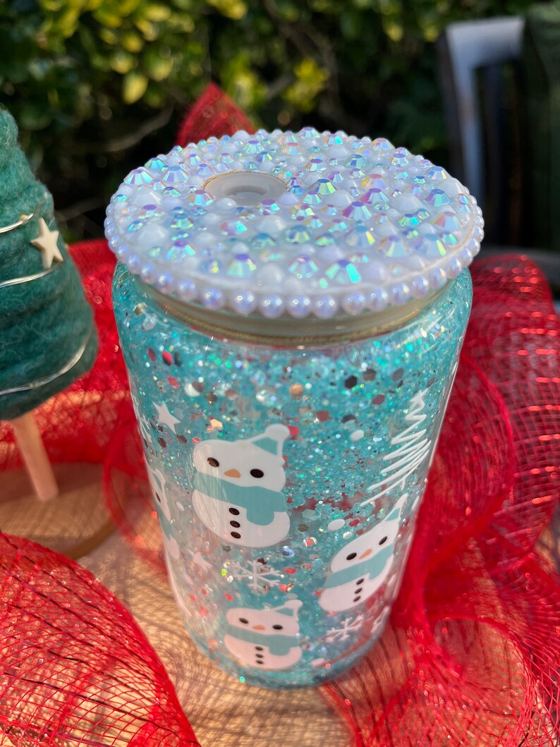 Snowman Blue Glitter Snow Globe Glass Can With Bling Bamboo Etsy