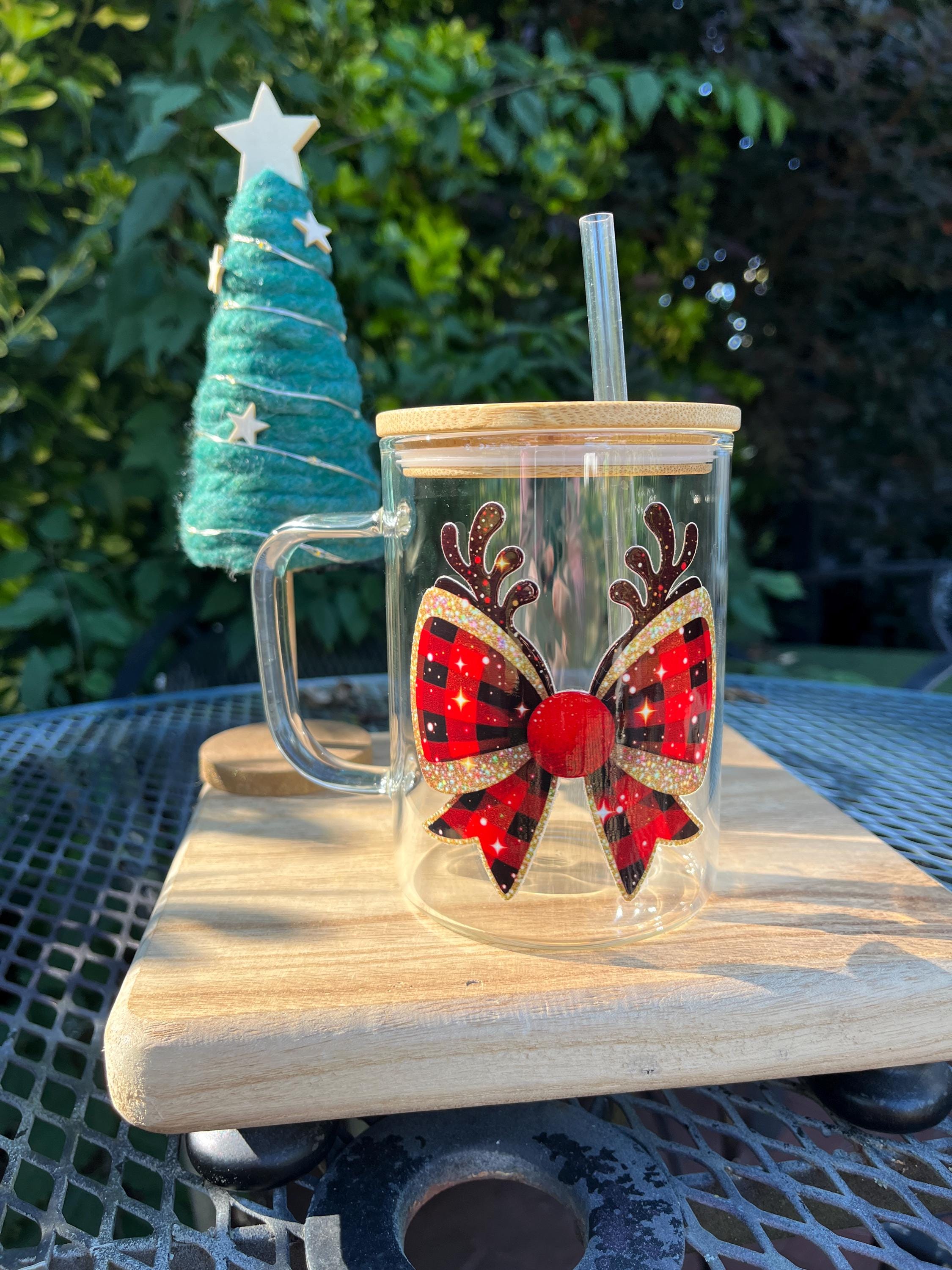 Christmas Bow Coffee Cup, 17oz Glass Coffee Cup With Bamboo Lid and ...