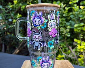 Bubu 32oz Glass tumbler with handle, bamboo lid & straw, Coffee Cup, Glass Can, Trendy Cup, UV DTF cup, Gift idea, fall