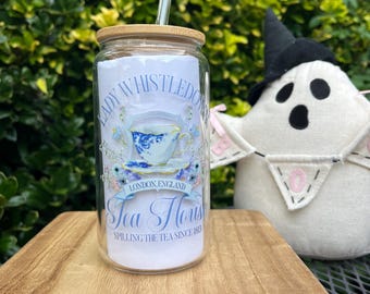 Spill The Tea  Lady Whistledown - 16oz Beer Glass Can -  Iced Coffee Glass Libbey Cup With Lid And Straw  - Unique Gift idea