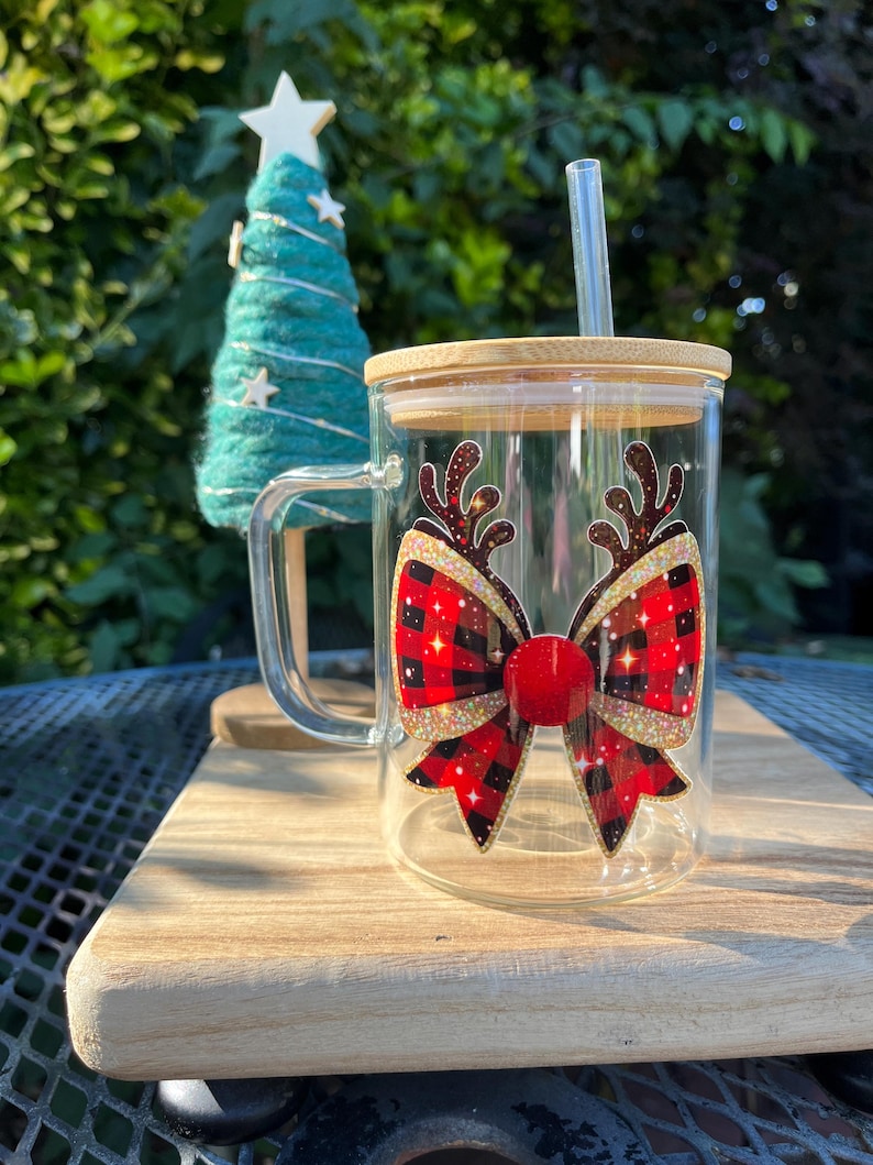 Christmas Bow Coffee Cup, 17oz Glass Coffee Cup With Bamboo Lid and ...