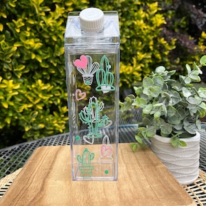 Milk Carton Water Bottle 17ox- |Cactus and Flowers UV dtf design- Water Bottle | Milk Carton | Decorated Milk Carton Water Bottle - tumbler