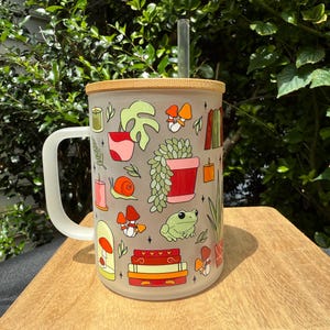 Plant and Books Design Frosted Glass Mug - Cute Glass Mug Iced Coffee Glass Mug With Lid & Straw 17oz  Mug - Unique Gift idea- UVDTF