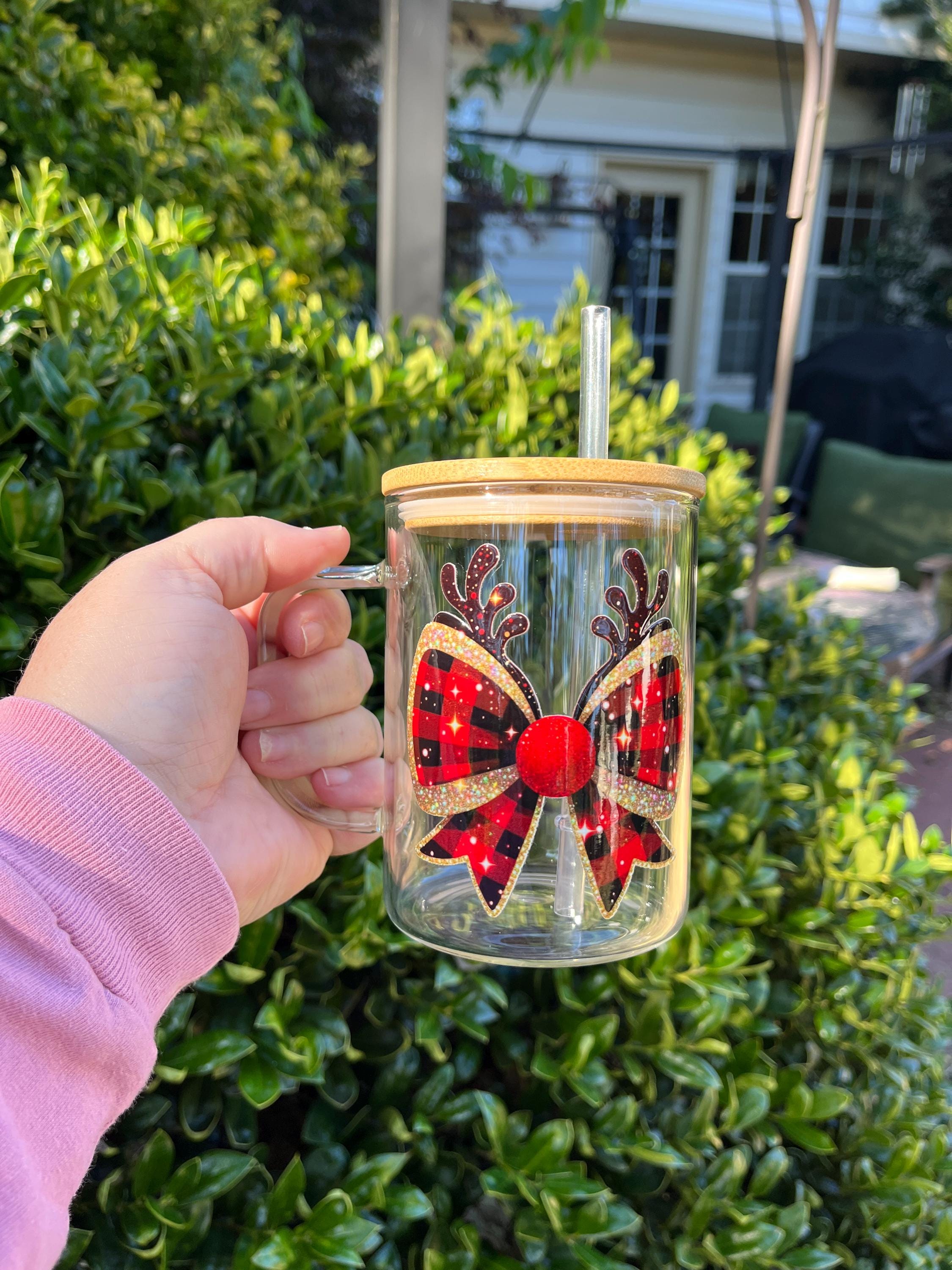 Christmas Bow Coffee Cup, 17oz Glass Coffee Cup With Bamboo Lid and ...