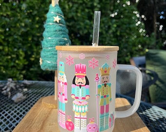 Pink Nutcracker Frosted Glass Mug - Cute Glass Mug Iced Coffee Glass Mug With Lid &  Straw 17oz  Mug - Unique Gift idea - Christmas Mug -