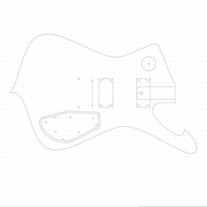 May include: Line drawing of a guitar body template with markings for pickup placement, control knobs, and other features.