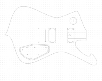 May include: Line drawing of a guitar body template with markings for pickup placement, control knobs, and other features.