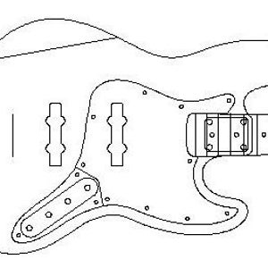 Puede incluir: Dibujo de línea de un cuerpo y un mástil de bajo. El cuerpo es una forma sólida y redondeada con un corte para acceder a los trastes más altos. El mástil es largo y delgado con una pala en el extremo. Hay varios círculos pequeños en el mástil, que representan los trastes.
