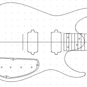 Puede incluir: Dibujo de línea de una guitarra eléctrica con un cuerpo de doble corte, una sola pastilla humbucker y un puente trémolo.