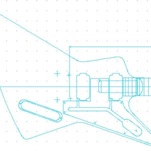 Op de afbeelding: Een lijntekening van een elektrische gitaar met een body en hals met een cutaway-ontwerp. De gitaar heeft een enkele pickup, een brug en een kop met stemknoppen. De tekening is op een geruit achtergrond.