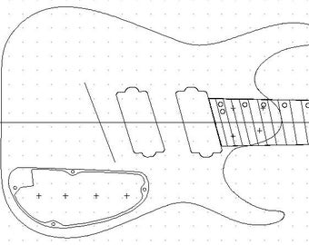 May include: Line drawing of an electric guitar in black and white. The guitar has a double cutaway body, a single humbucker pickup, and a tremolo bridge. The fretboard is marked with dots and the headstock has a single tuning key.