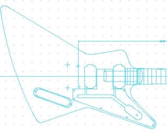 May include: A line drawing of an electric guitar body and neck with a cutaway design. The guitar has a single pickup, a bridge, and a headstock with tuning pegs. The drawing is on a grid background.