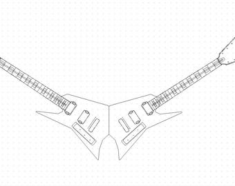 May include: Line drawing of two V-shaped electric guitars, mirrored. The guitars have a sharp, angular design with pointed headstocks and visible fretboards. The image is a black and white illustration.