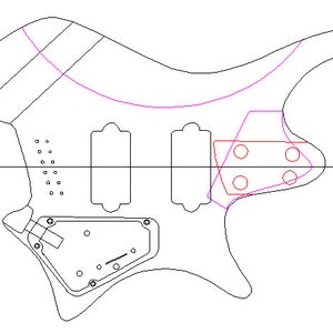 Pode incluir: Desenho de linha de um corpo de guitarra com um design de corte. O corpo é delineado em preto e tem algumas linhas desenhadas na parte superior. Há três círculos desenhados em vermelho no lado inferior direito do corpo. Os círculos estão dentro de um retângulo vermelho. O retângulo está dentro de um retângulo roxo.