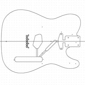 以下が含まれることがあります： ブリッジ、ピックアップ、コントロールノブのマークが付いたギターボディテンプレートの線画です。