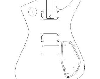 May include: Line drawing of a guitar body template with markings for placement of pickups, controls, and other hardware.