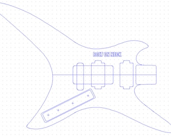 May include: A blue line drawing of an electric guitar body with a bolt-on neck. The drawing shows the placement of the neck, bridge, and pickup. The text "BOLT ON NECK" is included in the drawing.