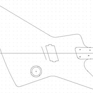 May include: Line drawing of an electric guitar body. The guitar body is a unique shape with a pointed lower horn and a rounded upper horn. The design includes cutouts for pickups, a bridge, and tuning pegs.