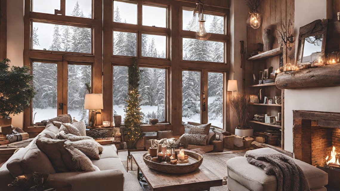 Holiday Zoom Background Cozy Christmas Cabin, Zoom Background, Virtual