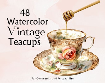 Teacup Clipart Vintage Watercolor Graphic Antique Drinkware,