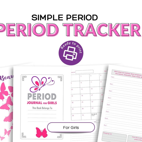 Period Tracker for Girls, Printable Monthly Period Tracker | Menstruation, Period Cycle Length, Ovulation Period Tracker, Period Journal.