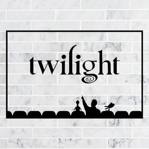 May include: Black framed wall art with the word "twilight" in a stylized font. Below the text is a silhouette of a theater scene with figures and seating. The background is a white brick pattern.