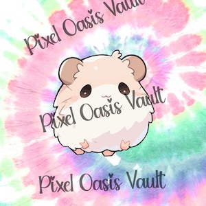 May include: A cute cartoon hamster with big eyes and a pink nose, on a tie-dye background with the text "Pixel Oasis Vault" in black.