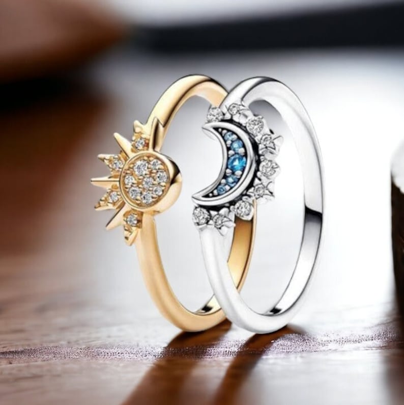 Sun and Moon Ring, Gold Sun Ring, Silver Moon Ring, Celestial Blue Ring, Matching Couple Ring
