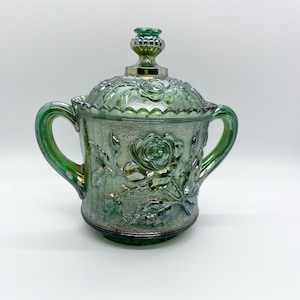 Vtg Imperial Glass Open Rose Sugar Dish Green Carnival Glass Double Handled READ