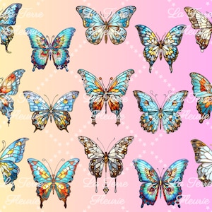 May include: A seamless pattern featuring colorful stained glass butterflies on a pink and yellow gradient background. The butterflies have intricate designs and are arranged in a repeating pattern.