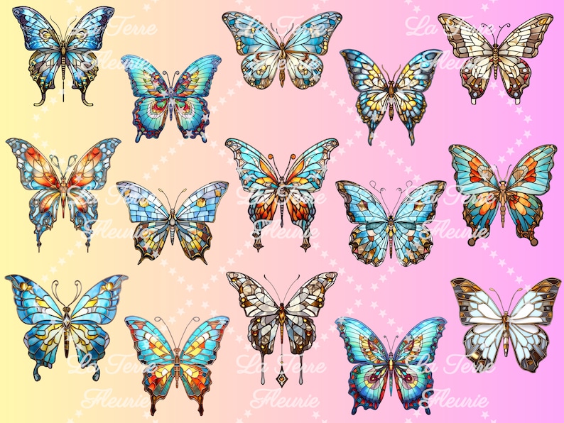 May include: A seamless pattern featuring colorful stained glass butterflies on a pink and yellow gradient background. The butterflies have intricate designs and are arranged in a repeating pattern.