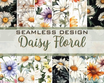 Watercolor Daisy Seamless Pattern Digital Paper Bundle | 12 Wildflower Designs | Cottagecore Floral Download | Daisy Scrapbook Paper