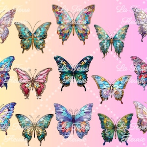 May include: A digital collage of 12 colorful stained glass butterflies with intricate designs. The butterflies are arranged in a symmetrical pattern on a gradient background of pink and yellow.