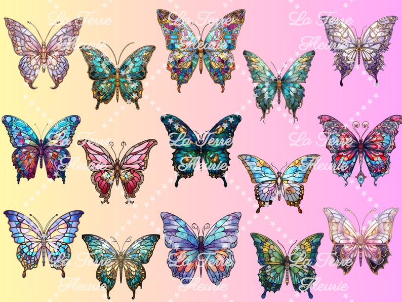 May include: A digital collage of 12 colorful stained glass butterflies with intricate designs. The butterflies are arranged in a symmetrical pattern on a gradient background of pink and yellow.