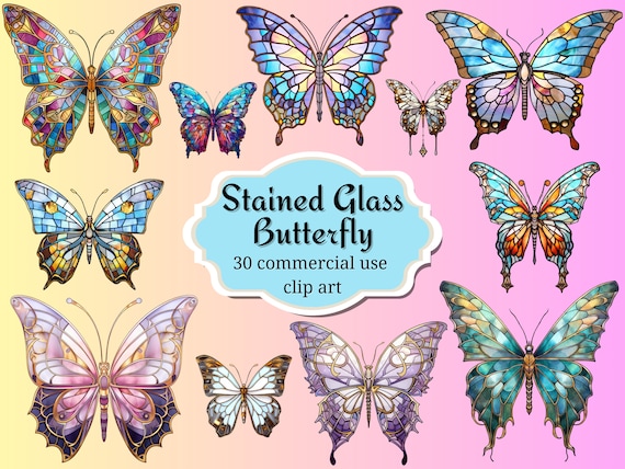 Stained Glass Butterfly Clip Art: Mystical PNG Graphics (Digital Download)