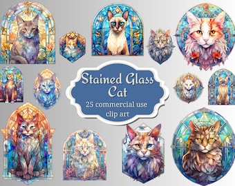 Stained Glass Cat Clipart Bundle | 25 Mystical Fantasy PNG Graphics | Transparent BG | Commercial Use Digital | GoodNotes | Stationery