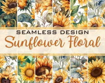 Watercolor Sunflower Seamless Pattern Digital Paper Bundle | 12 Botanical Designs | Summer Floral Download | Cottagecore Scrapbook Paper