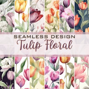 Puede incluir: Un conjunto de 10 patrones de papel digital sin costuras con ilustraciones de acuarela de tulipanes en varios colores y arreglos. Los patrones son perfectos para proyectos de manualidades, scrapbooking y diseño digital.