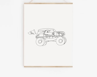 Monster Truck Décor| Grave |  Minimalist Line Art | Kids Room Art | Monster Jam Prints | Boy Room Wall Art | Kids Gallery Wall| PRINTABLES