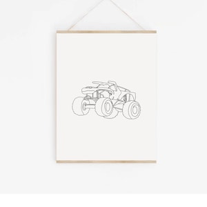 May include: Line art drawing of a monster truck on a white background. The truck is facing to the right and has large wheels.