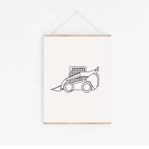 Pode incluir: Desenho de linha de uma carregadeira de esteira compacta em preto e branco sobre um fundo branco.